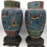 PAIR of Cloisonné Ceramic VASES, Floral Decoration, Bronze Base