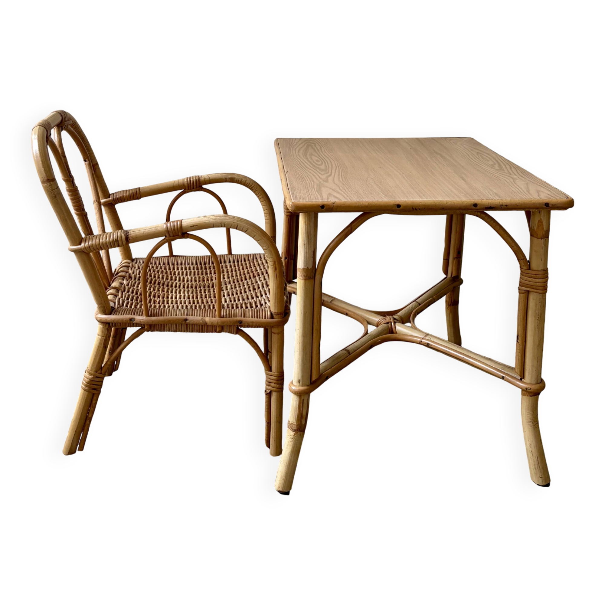 Vintage rattan desk and chair set for children