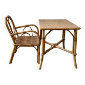Ensemble bureau et fauteuil en rotin vintage pour enfant
