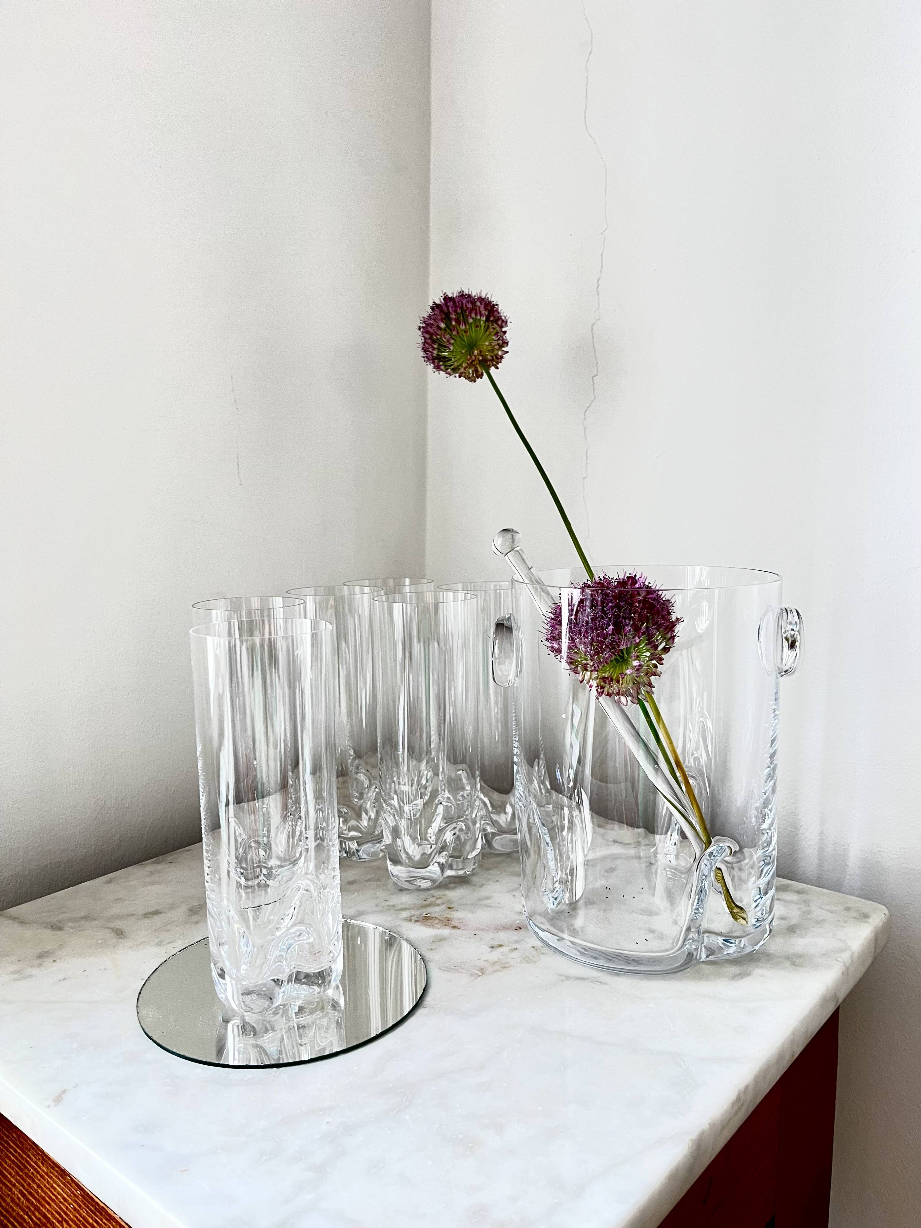 Vintage Bohemian Crystal Ice Bucket & 6 Glasses, Czech Rep. 80s