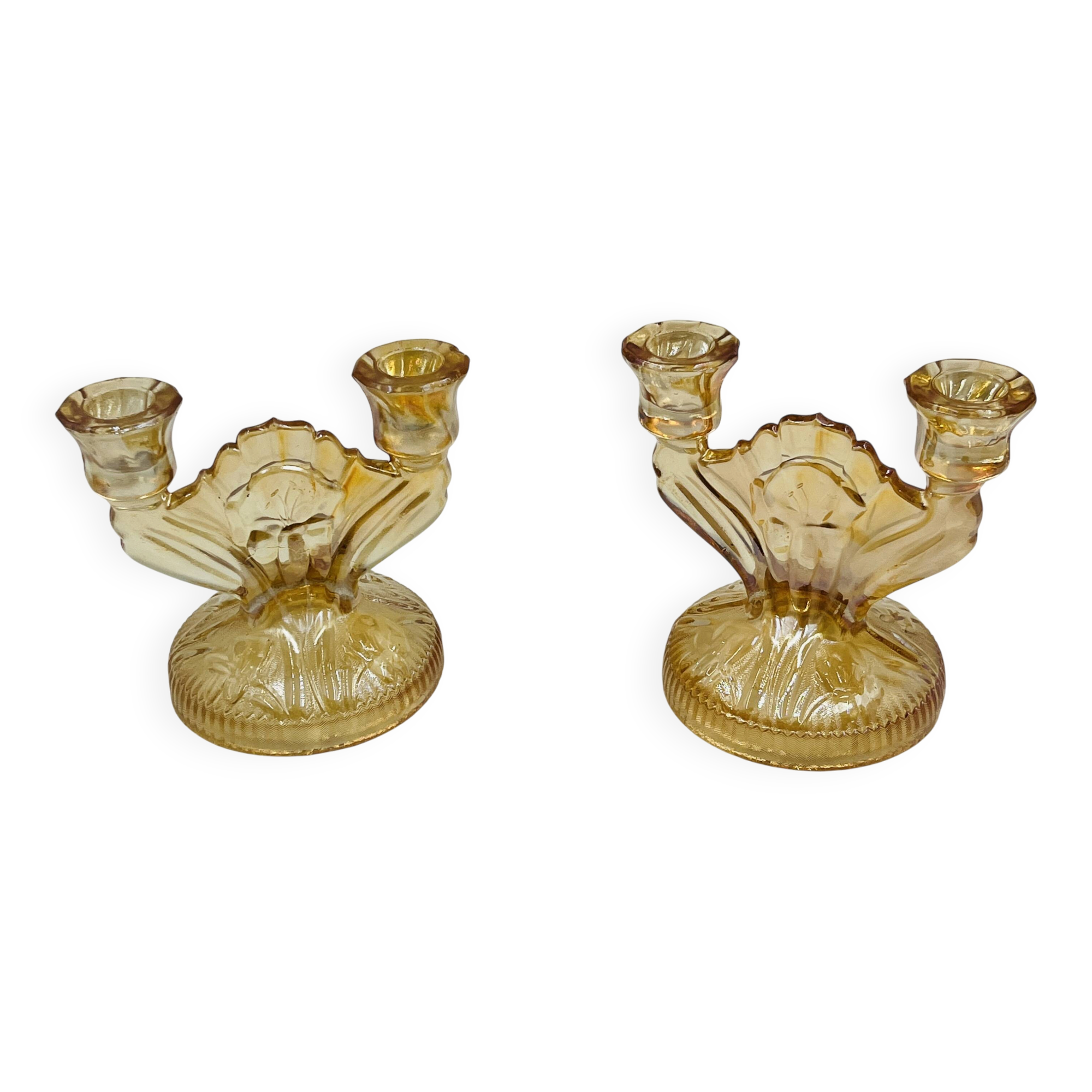 Pair of Empoli amber glass chandeliers in Art Deco style