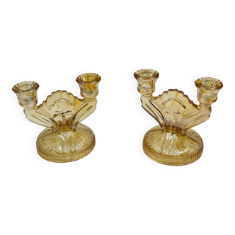 Pair of Empoli amber glass chandeliers in Art Deco style