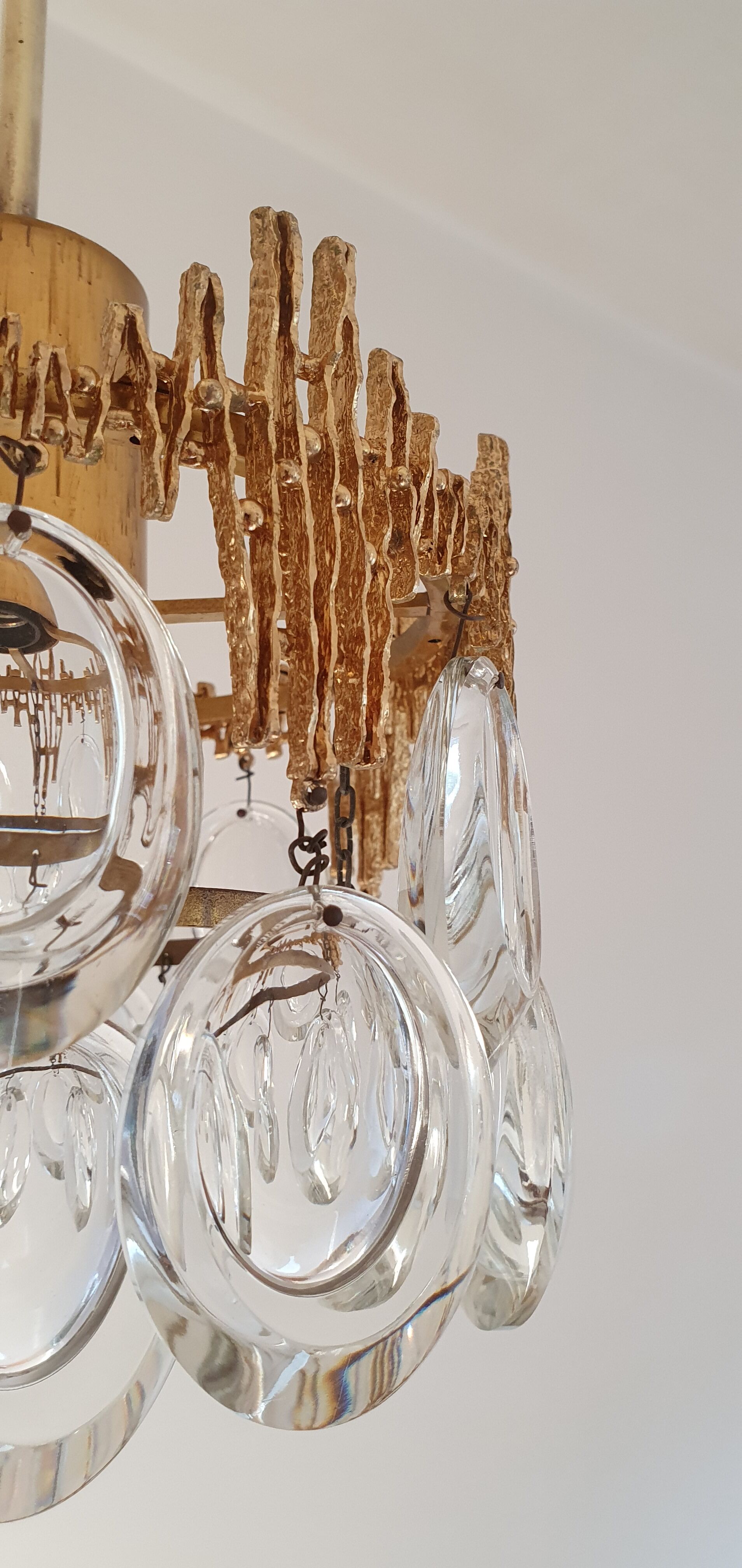 Small brass brutalist chandelier with crystal stamps