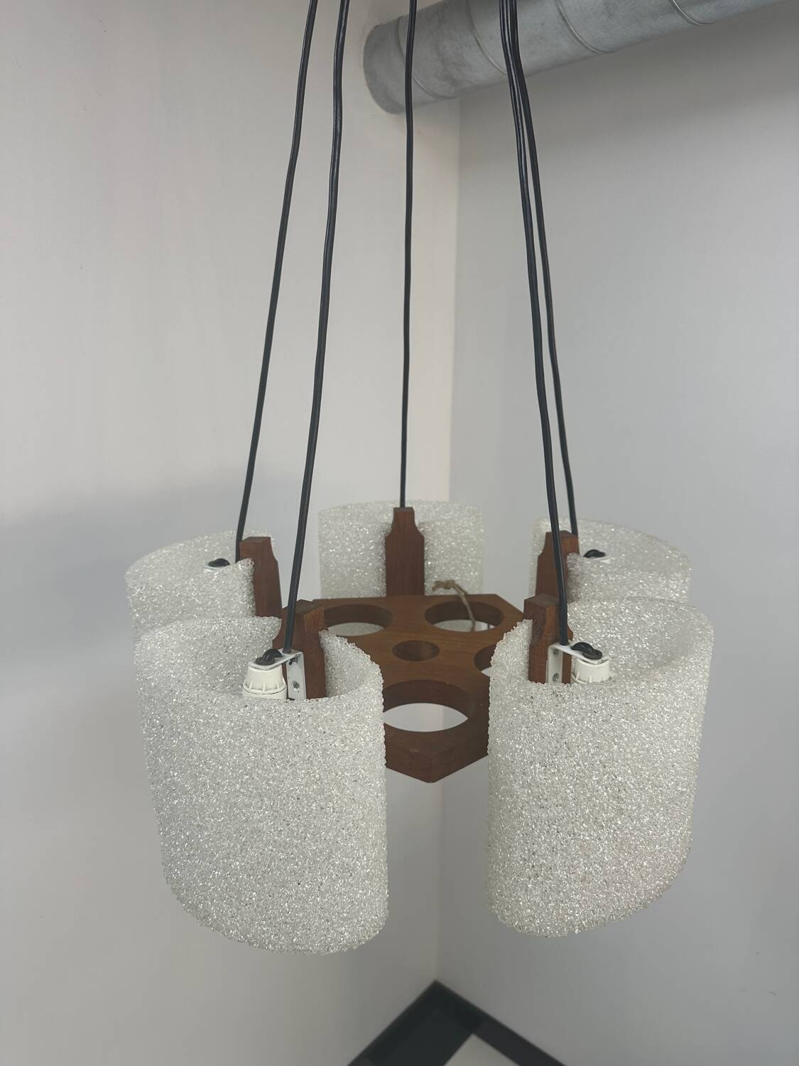 Pendant light in granite resin and wood, 1950s