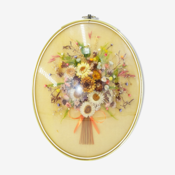 Cadre ovale en verre incurvé vintage, de fleurs séchées