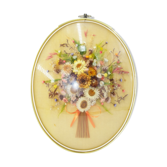 Cadre ovale en verre incurvé vintage, de fleurs séchées