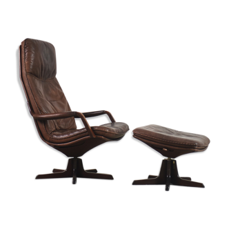 Fauteuil et pouf réglables en cuir patiné danois par Berg Furniture, années 1970