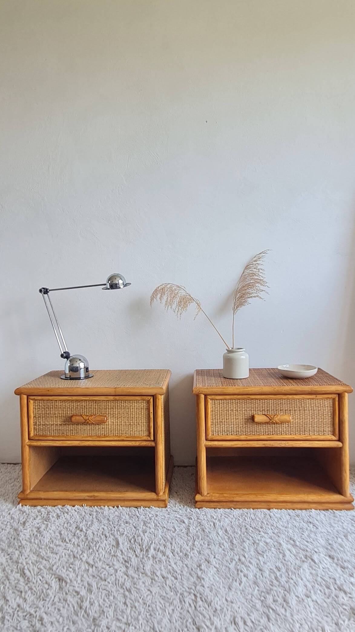 Pair of vintage rattan bedside tables from the 1970s.