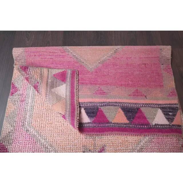 Vintage Turkish Hand-Knotted Wool Cotton Pink Runner Rug 96x365
