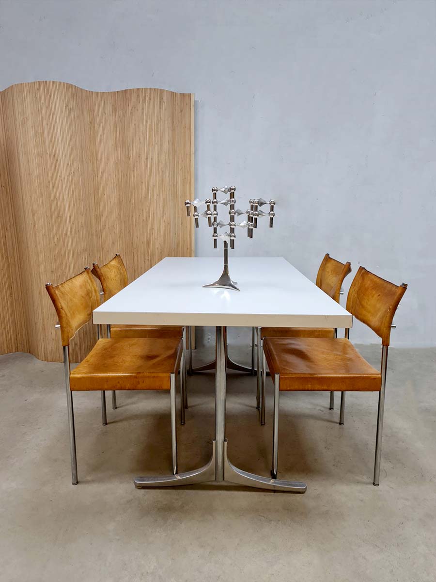 Vintage Dutch design chrome dining set leather chairs 'Minimalism'
