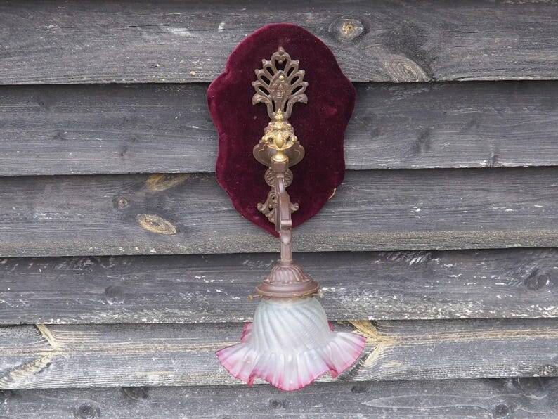 Art Nouveau Wall Sconce: French Metal, Opaline Rose Shade, C1950s