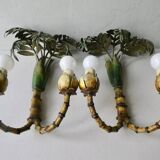 Pair of bamboo and palm sconces in metal