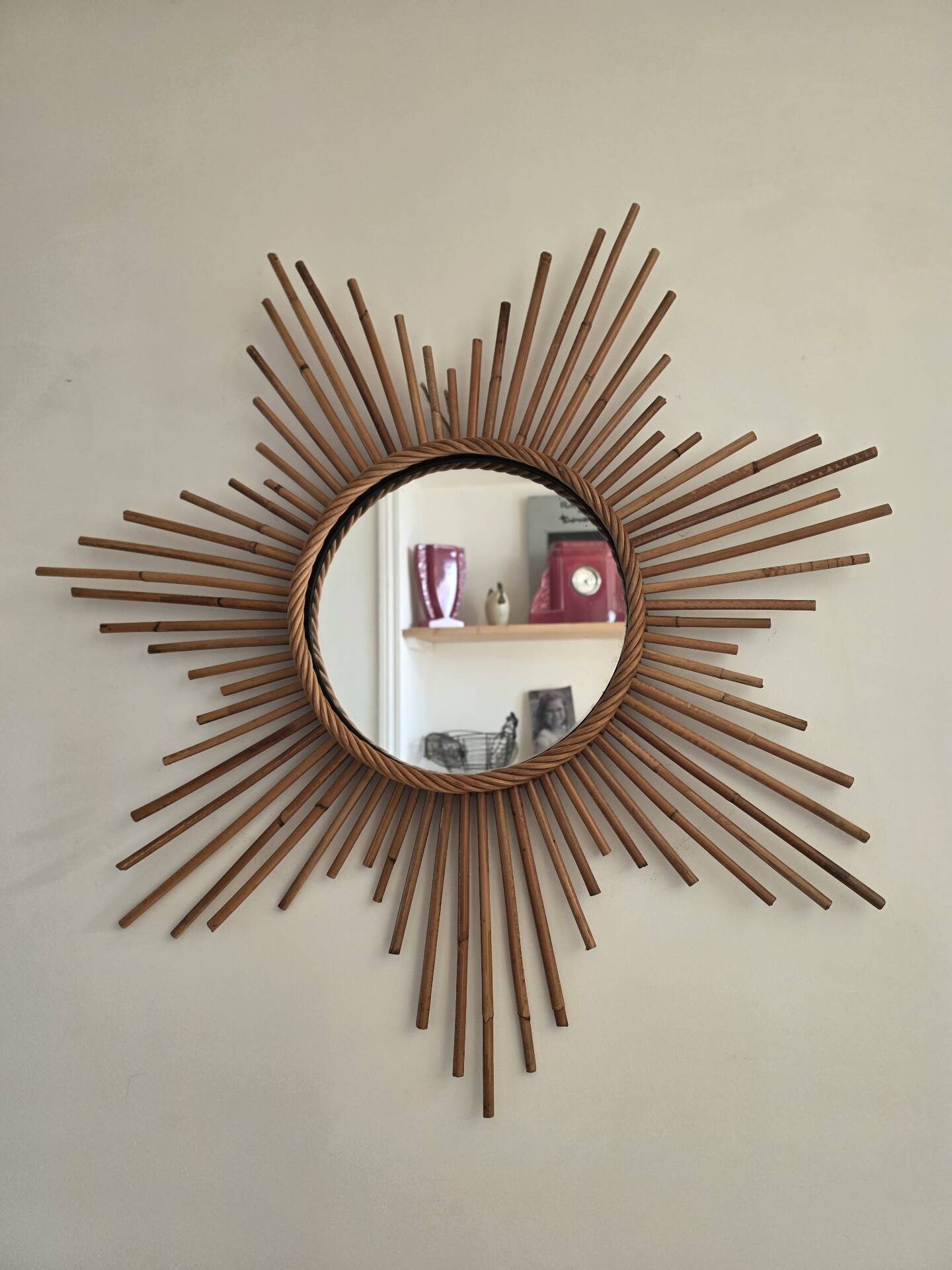 Vintage XL rattan sun mirror
