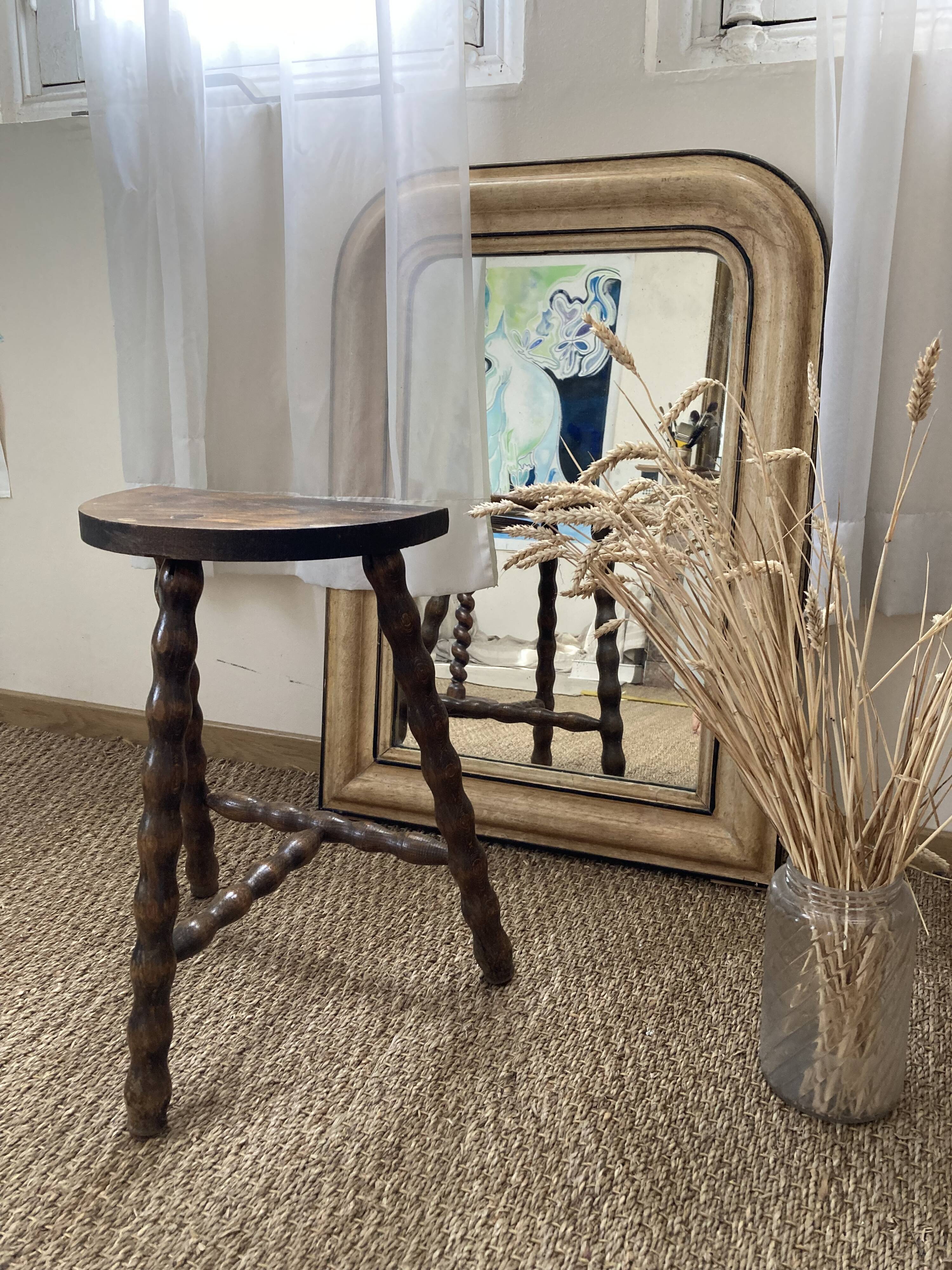 Tripod stool in old turned wood