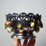 Vintage Italian silver-plated porcelain bowl with cut-out design of fruits and flowers.
