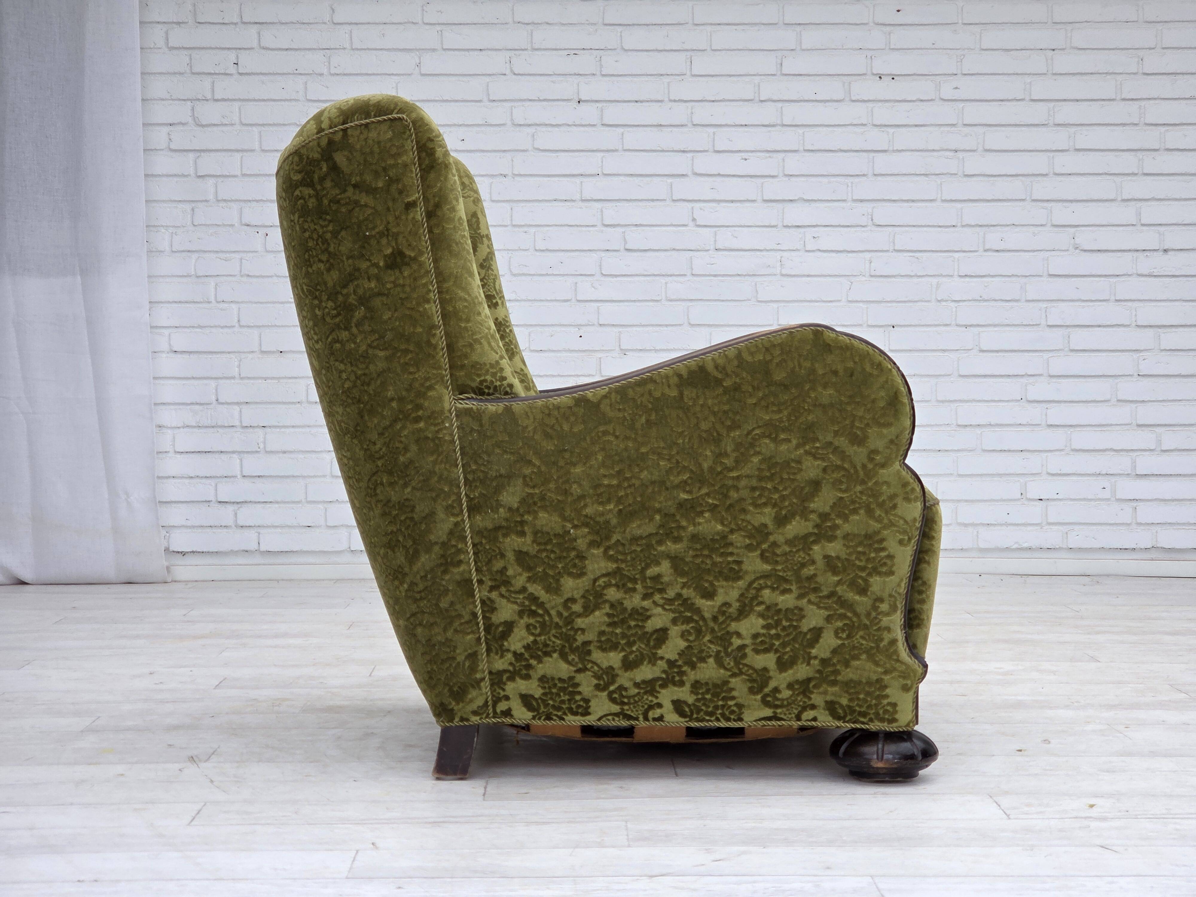 1950s, Danish relax chair. Furniture velour, oak wood,