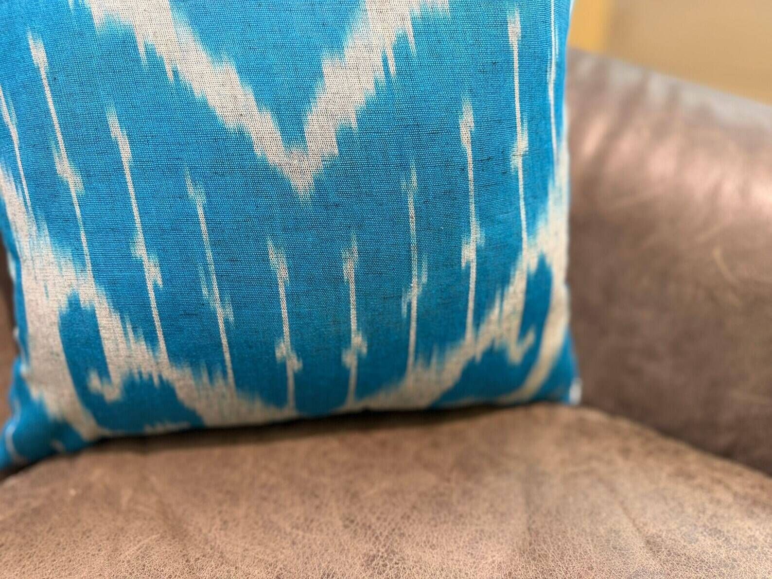 Vintage Silk Ikat Square Cushion Cover, Sky Blue White Arch Medallion 16x16