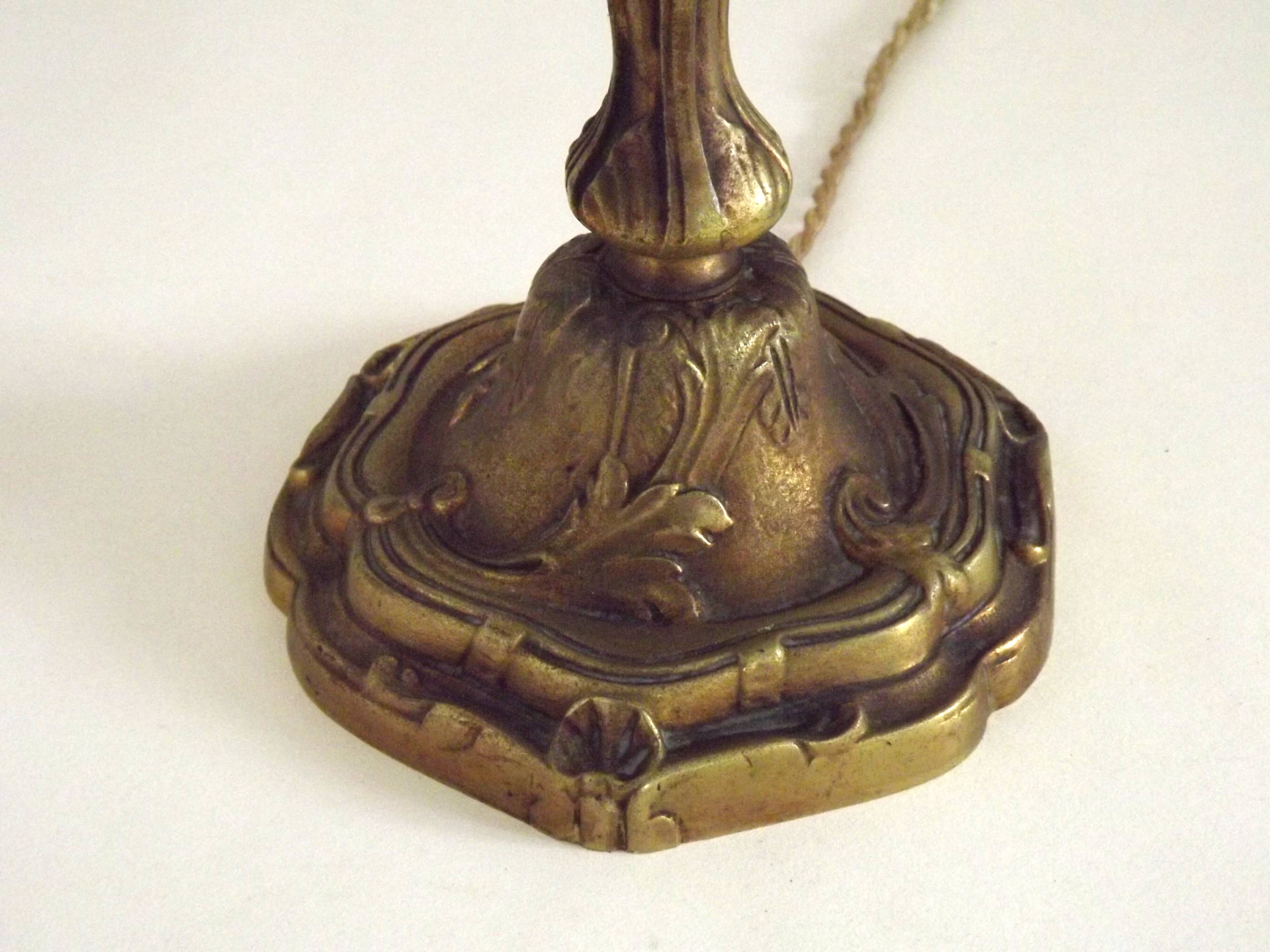 Bronze French Antique Art Nouveau 3-Light Candelabra Lamp Pleated Shade