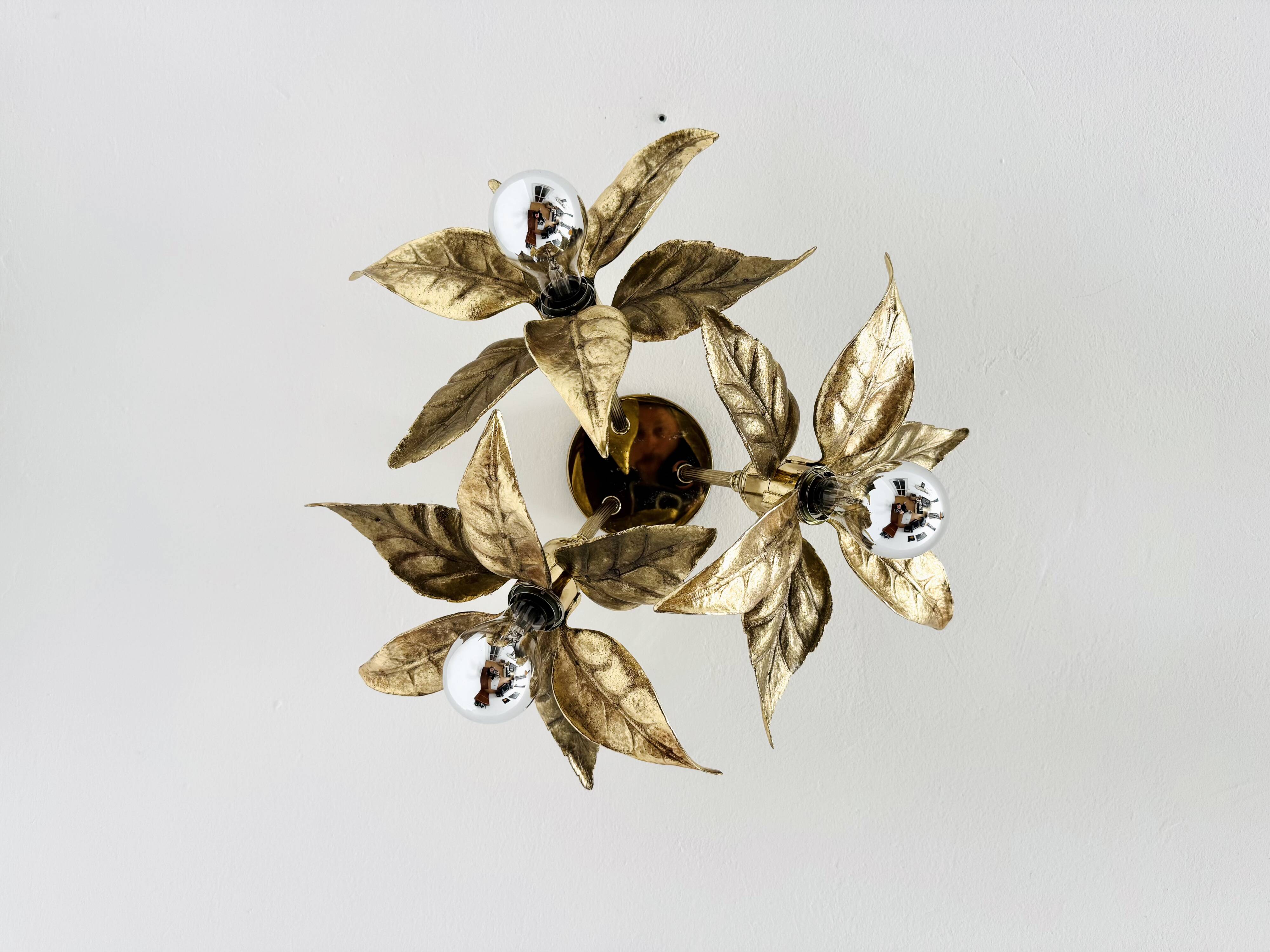 Large Floral Hollywood Regency Flush Lamp by Willy Daro for Massive