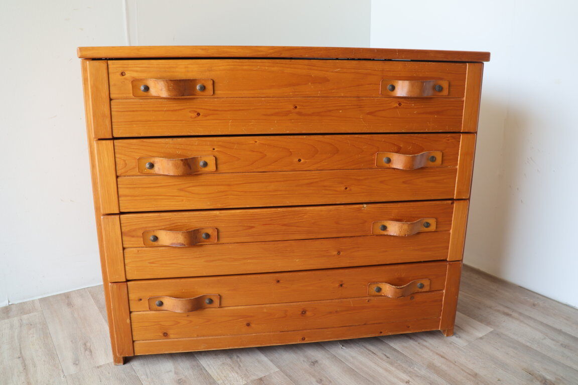 Commode vintage en pin massif et cuir, 1970