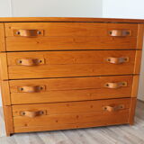 Vintage chest of drawers in solid pine and leather, 1970