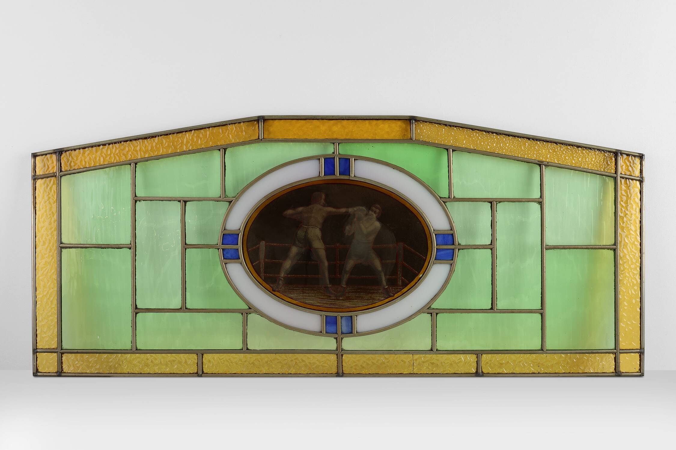 Art Deco Stained Glass Panel Depicting a Boxing Match, Belgium ca. 1910