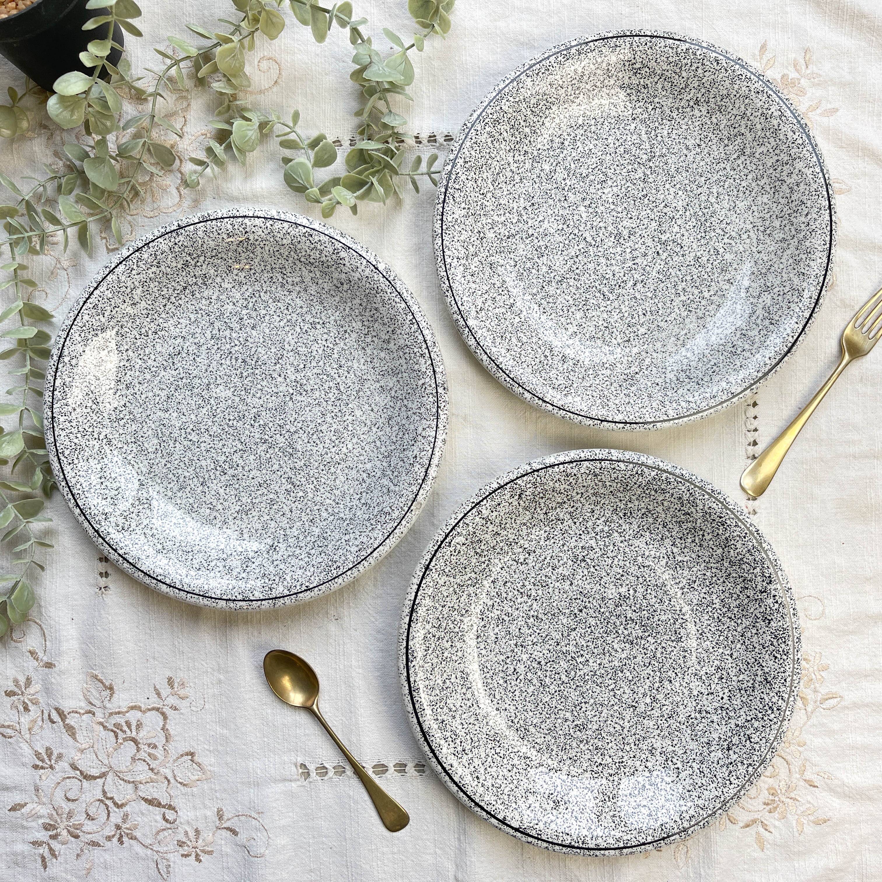 3 Black and white speckled Italian earthenware plates