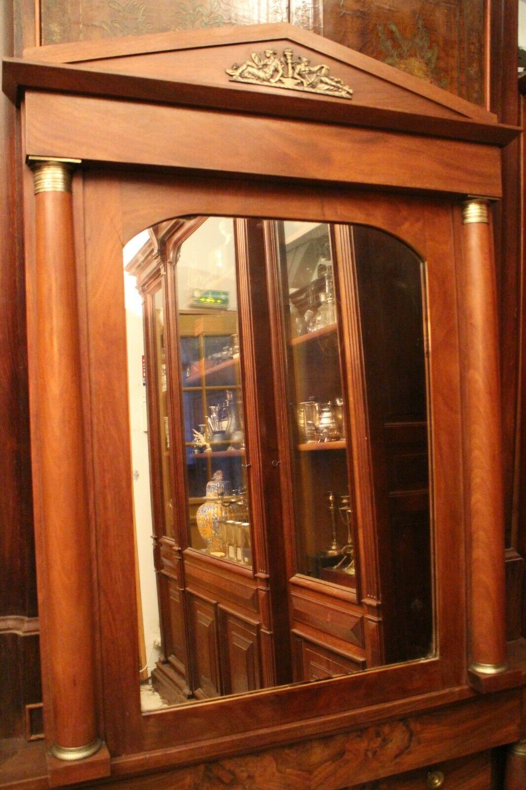 Mahogany pediment and half-column mirror and 118x91cm Empire-style bronze ornament