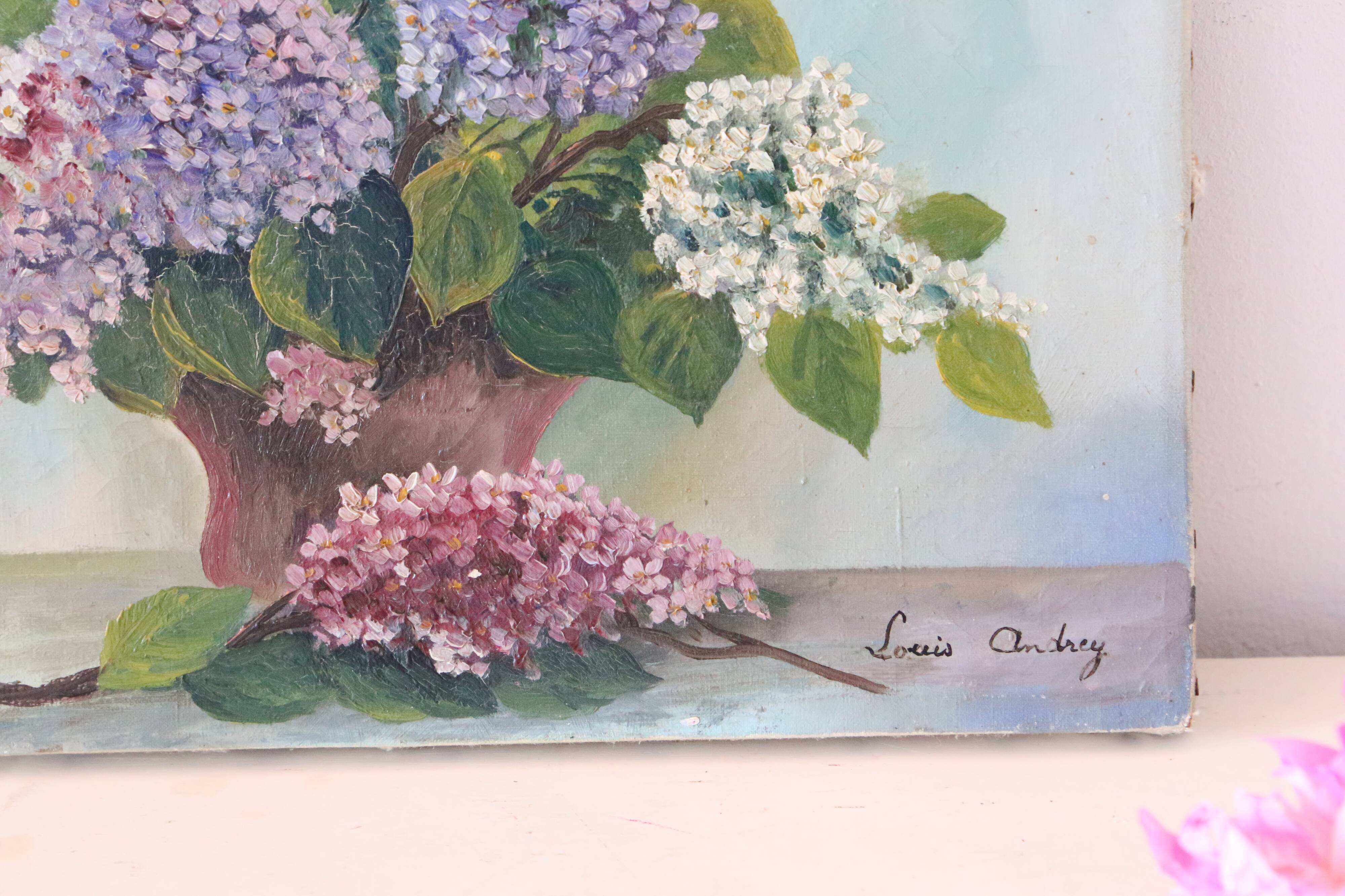 Painting bouquet of flowers, still life, signed Louis Andrey, oil on canvas, mid-twentieth