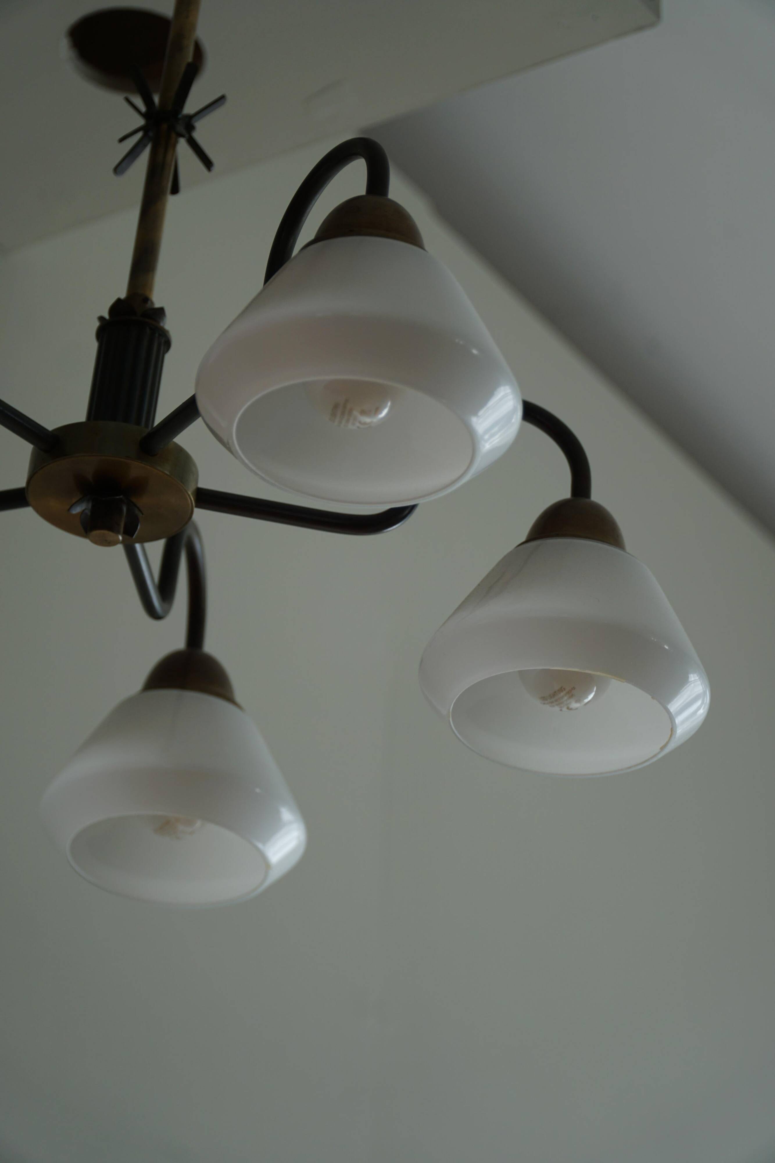 A modern Danish chandelier with 5 heads in opaline glass and brass, Art Deco, 1940s.