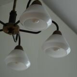 A modern Danish chandelier with 5 heads in opaline glass and brass, Art Deco, 1940s.