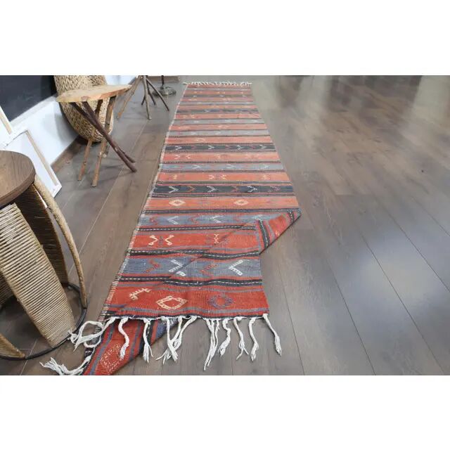 1970s Turkish Oushak Handmade Wool Cotton Red Runner Rug 74x338