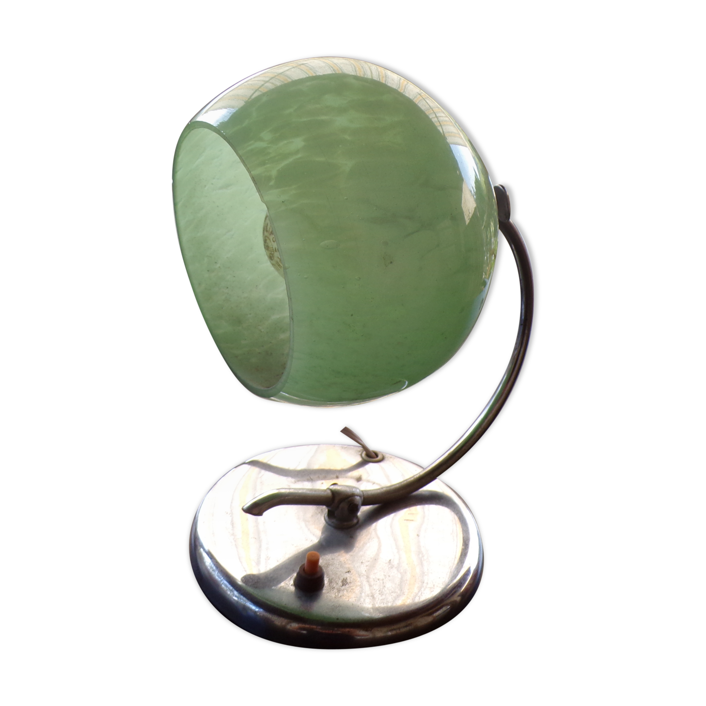 Art deco bedside lamp, chrome metal and speckled green glass globe