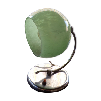 Art deco bedside lamp, chrome metal and speckled green glass globe