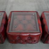 Set of 3 Red Leather Chesterfield Side/Coffee Tables with Glass Tops