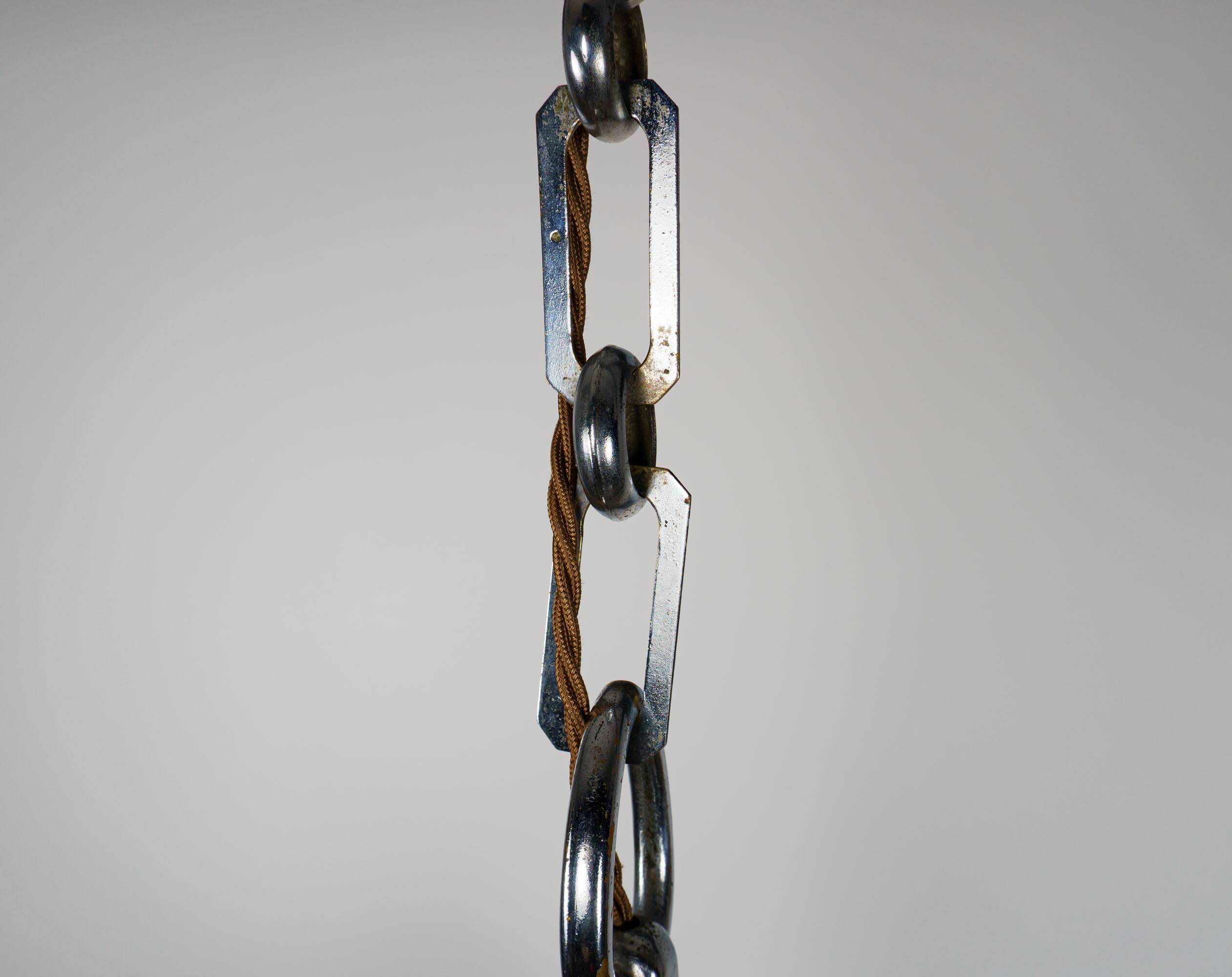 1930s French Art Deco Chrome Chandelier with Prismatic Glass Shades