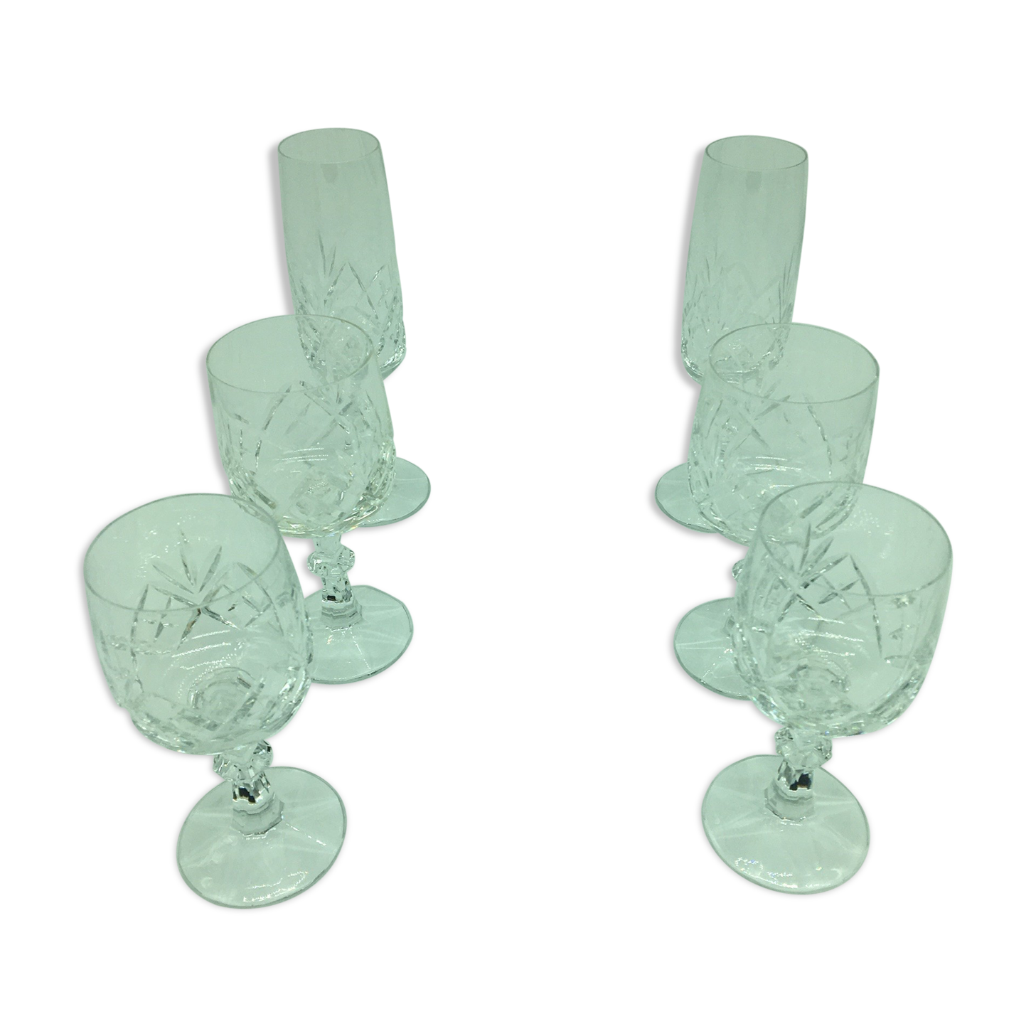 Cut crystal glasses: duo, 6 champagne, wine and water glasses from the 60s