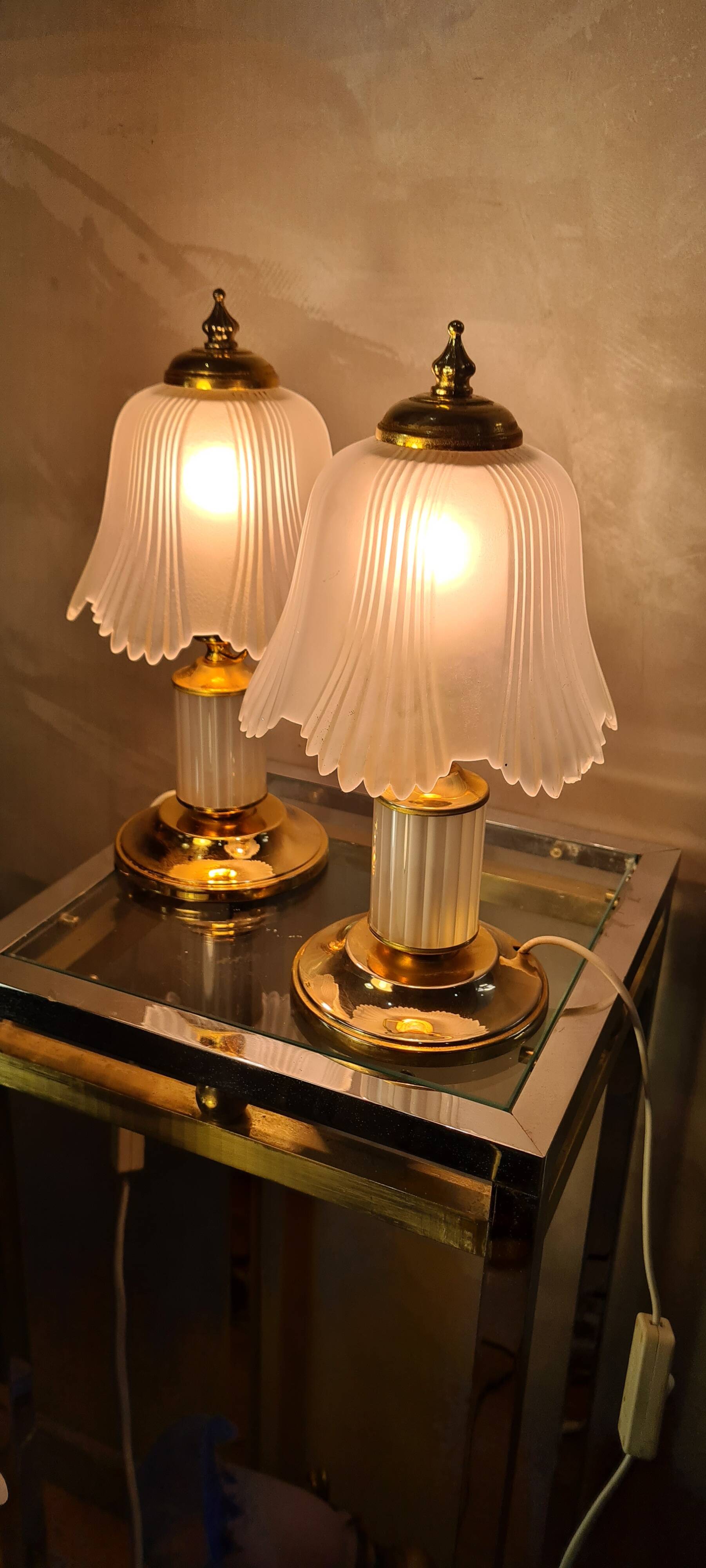 pair of bedside lamp, molded glass and brass 1970