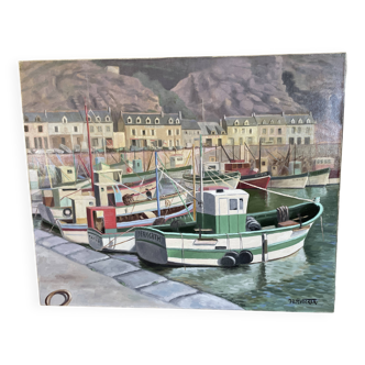 Oil painting on canvas jb maurice vecker (1896-1998) small fishing port