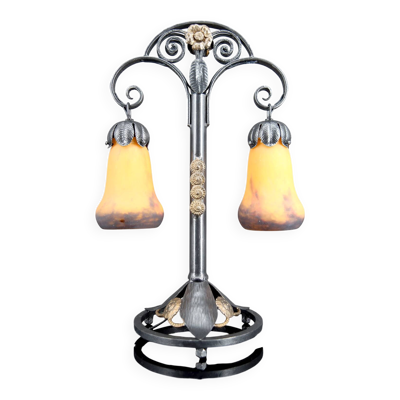 Lampe bicéphale Art Déco, fer forgé à double patine– Muller Frères, c. 1920