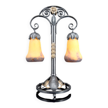 Double-headed Art Deco lamp, wrought iron with dual patina – Muller Frères, c. 1920