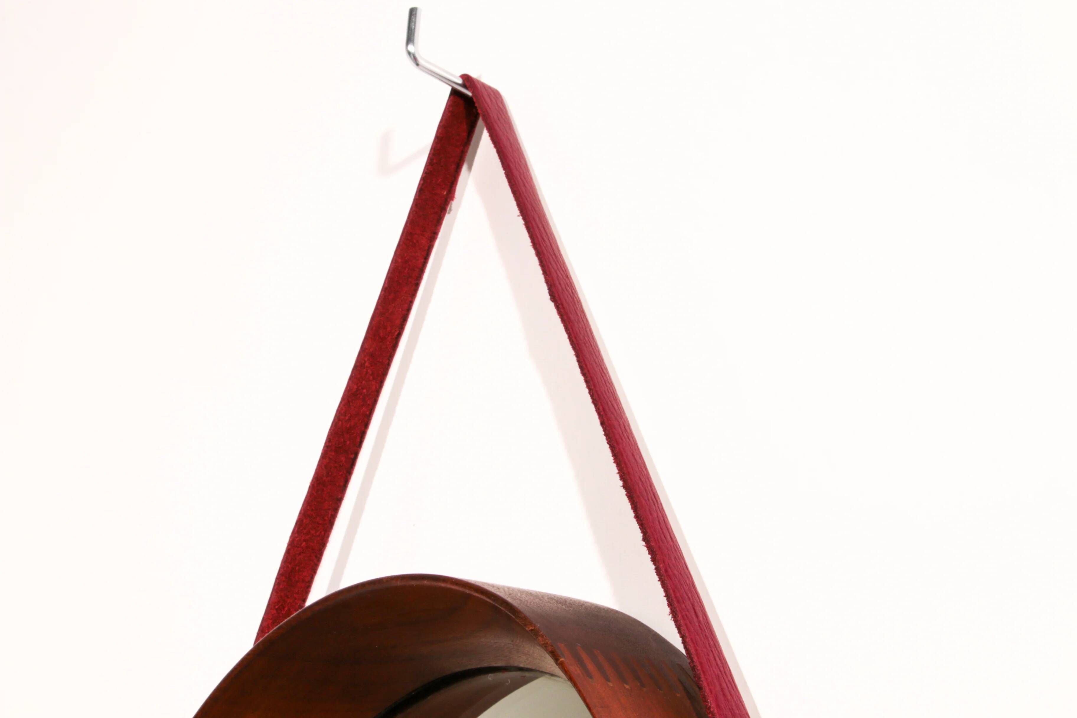 Mid-century Italian triangular mirror in curved teak and leather, 1960s