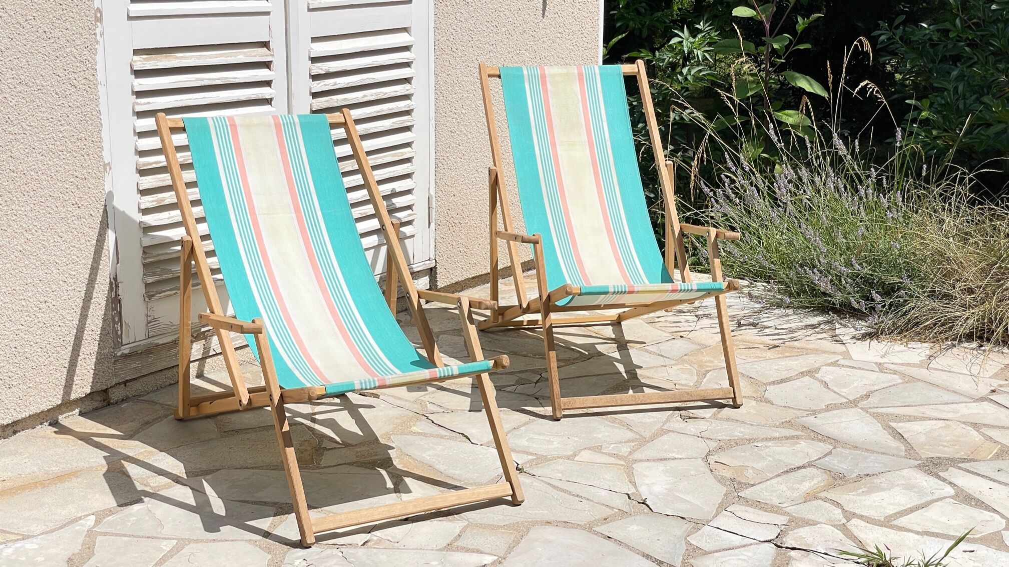 Transat pliant en bois et toile vintage