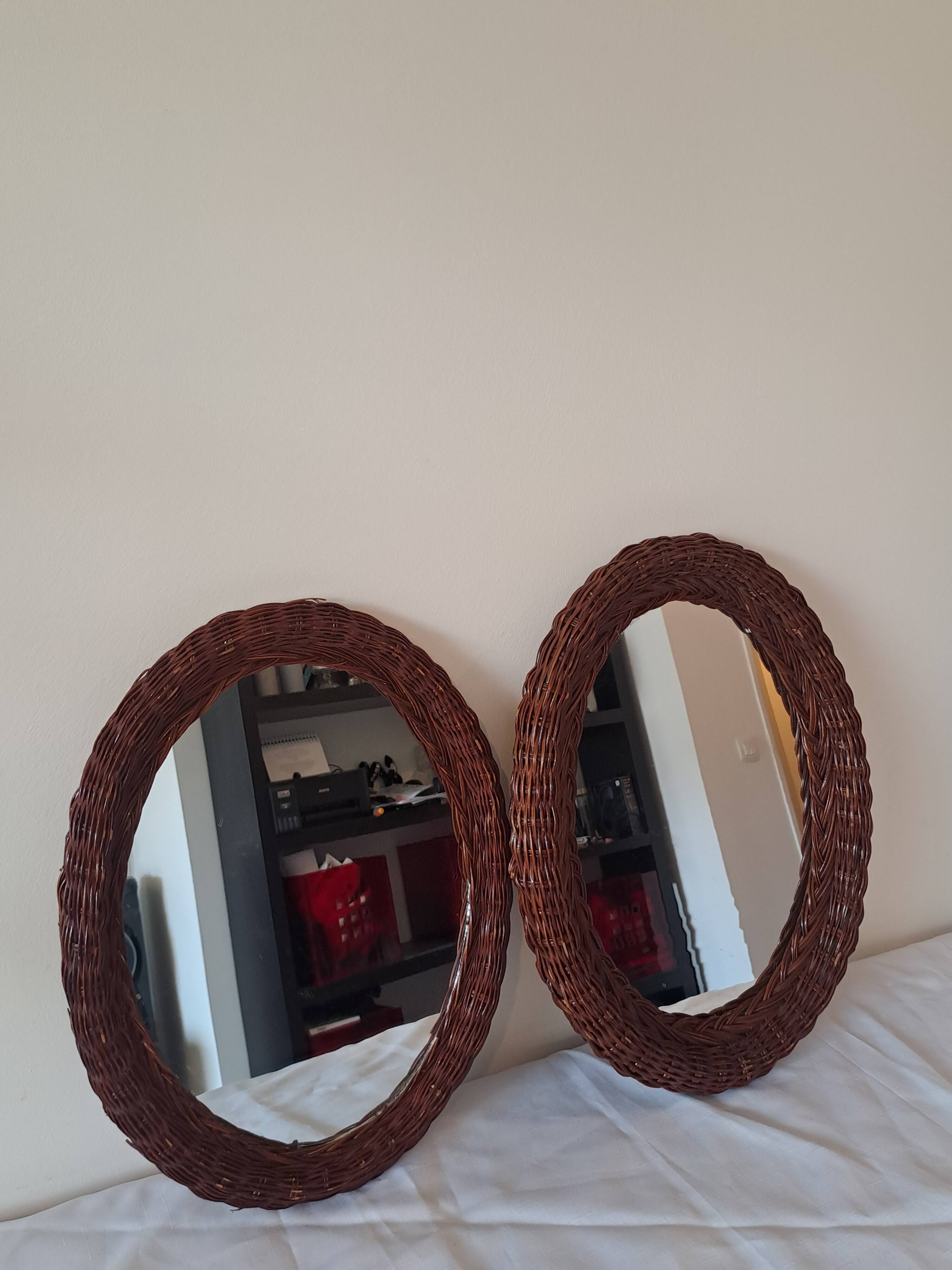 Set of 2 round woven rattan mirrors — vintage bohemian style