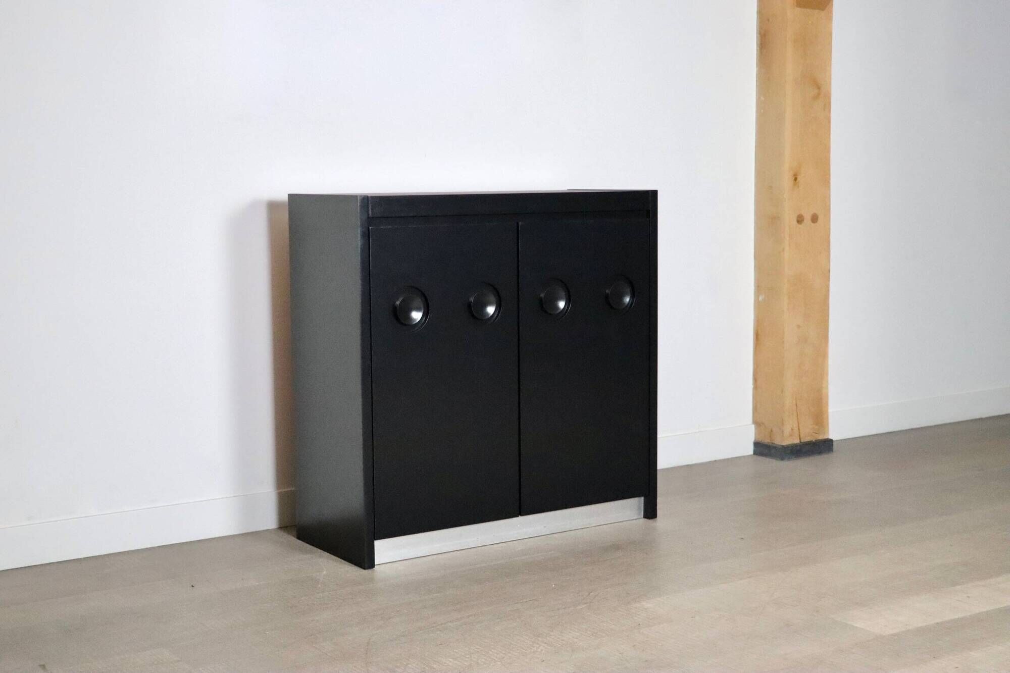 Midcentury Modern Brutalist Highboard Bar Cabinet In Black Lacquered Wood And Chrome, Belgium 1970s