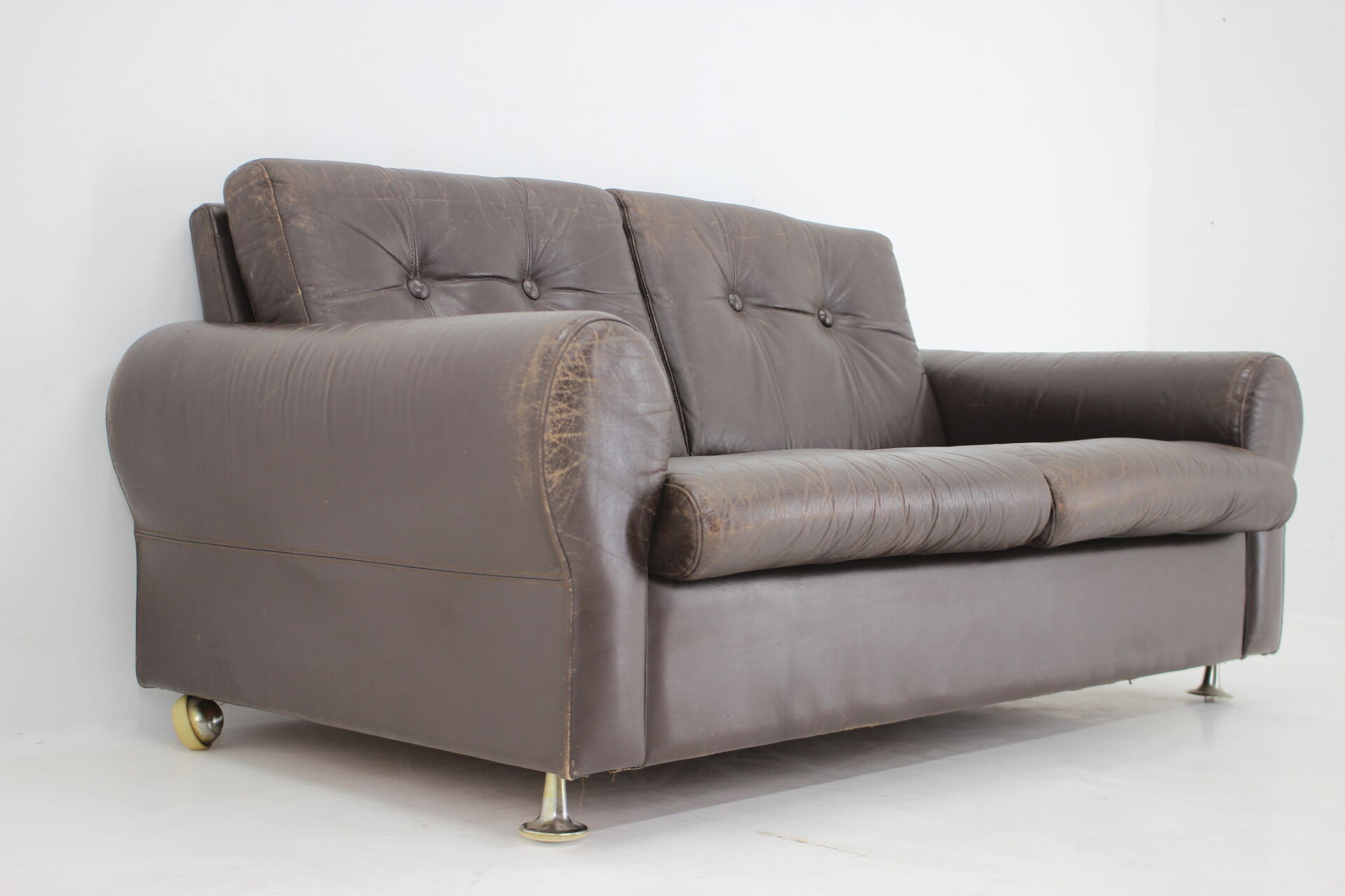 1970s Danish Brown Leather 2 Seater Sofa