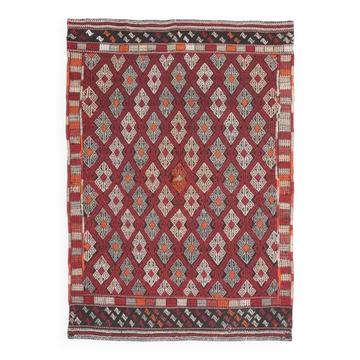 Tapis d'aire vintage turc Oushak fait main en laine et coton rouge 166x235 des années 1970