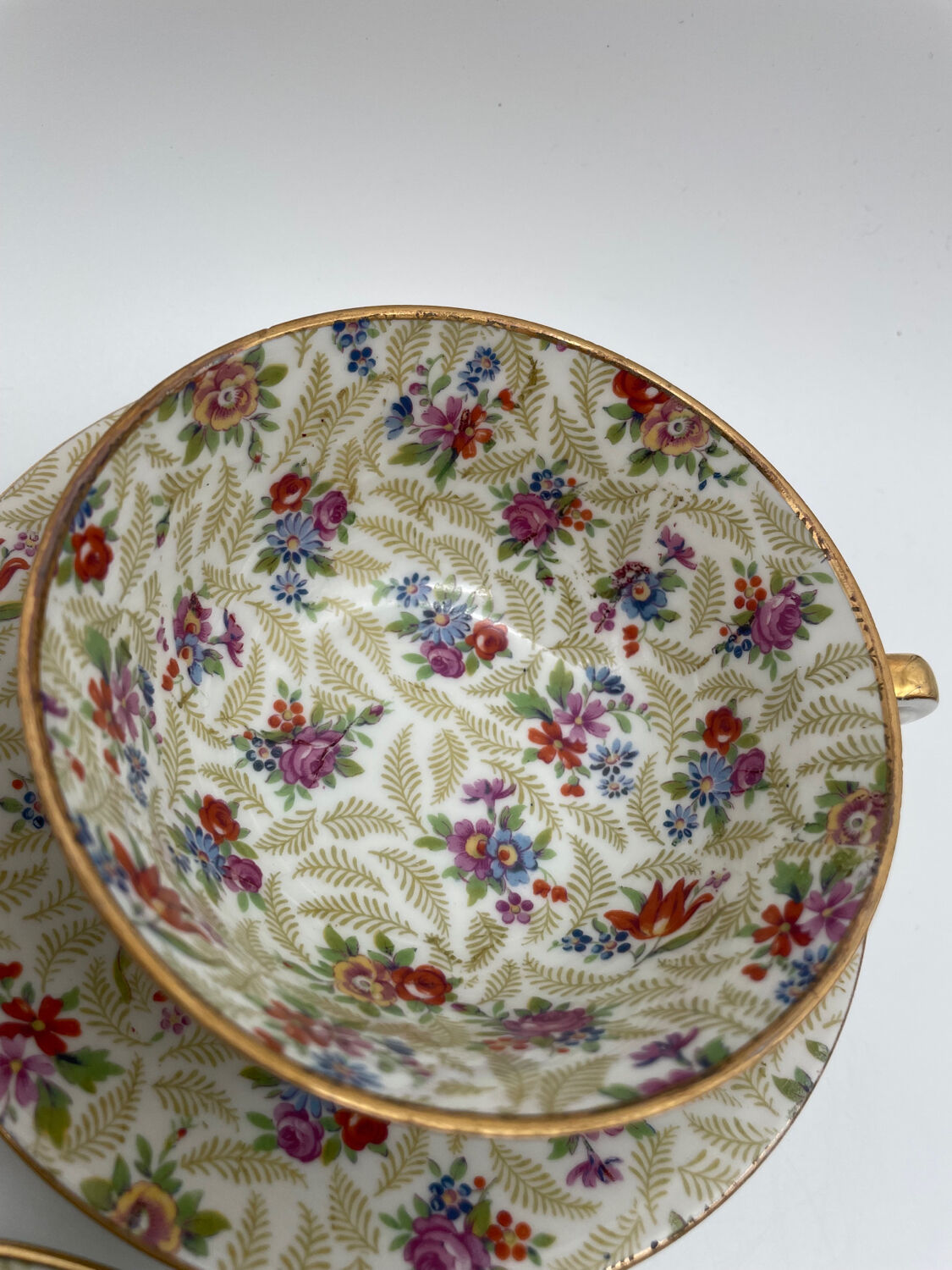 Set of 8 Limoges porcelain coffee cups from France with floral and gold pattern