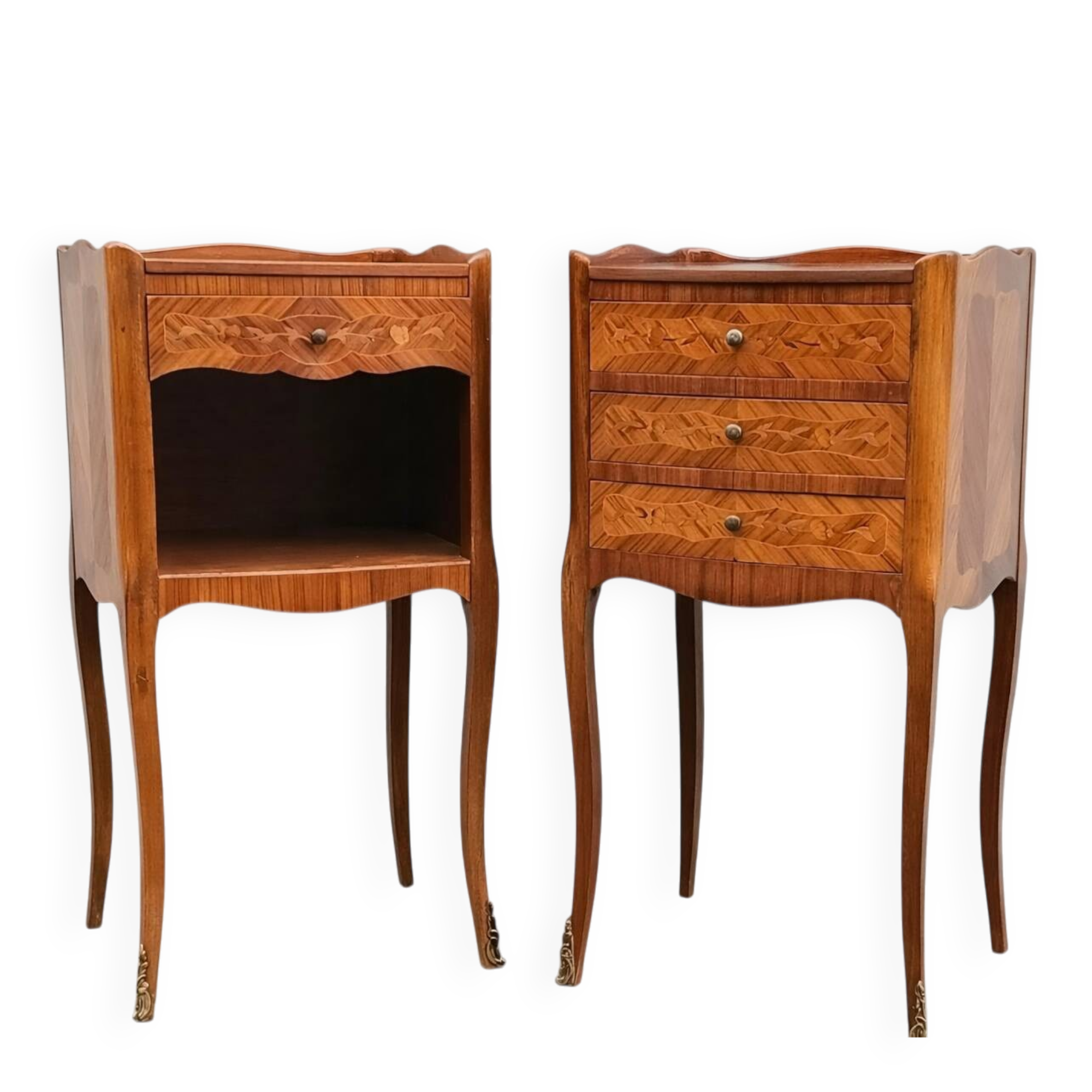 Pair of louis xv style bedside tables by haentges freres.