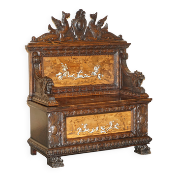 Banc Monks Antique Sculpté Lion Griffon 1860 avec Rangement